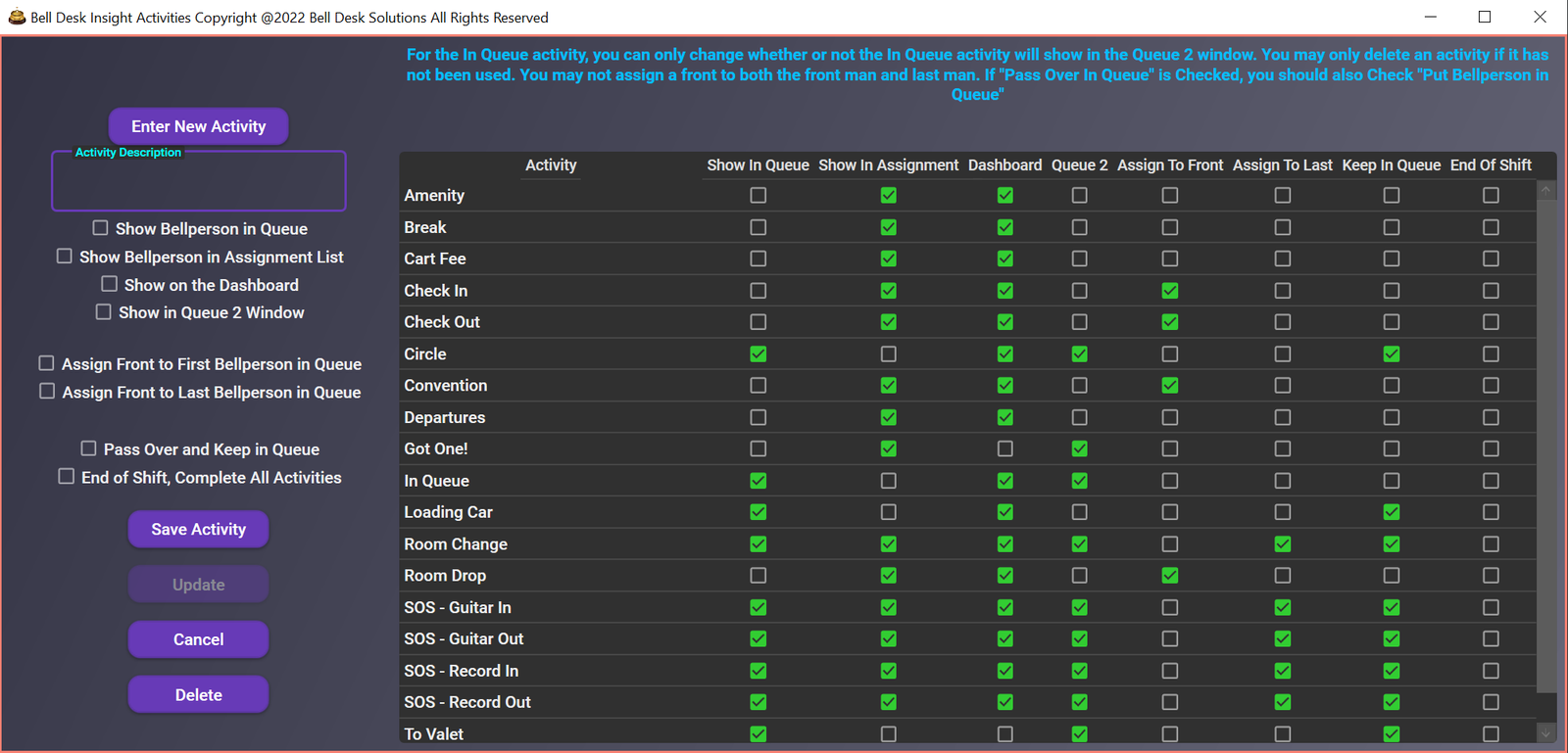 Bell Desk Insight database window