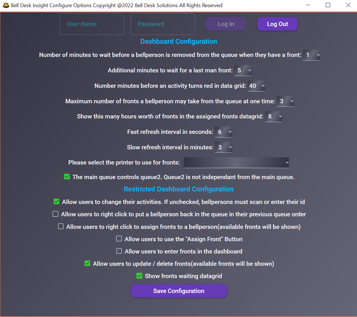 Bell Desk Insight configure window