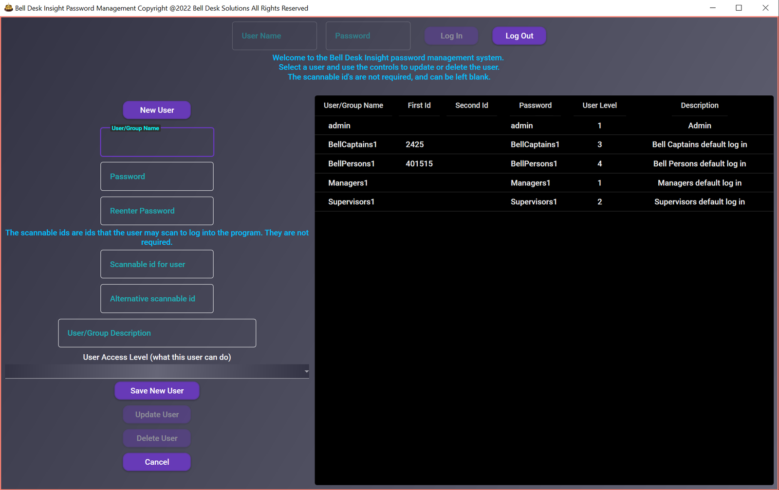 Bell Desk Insight passwords window