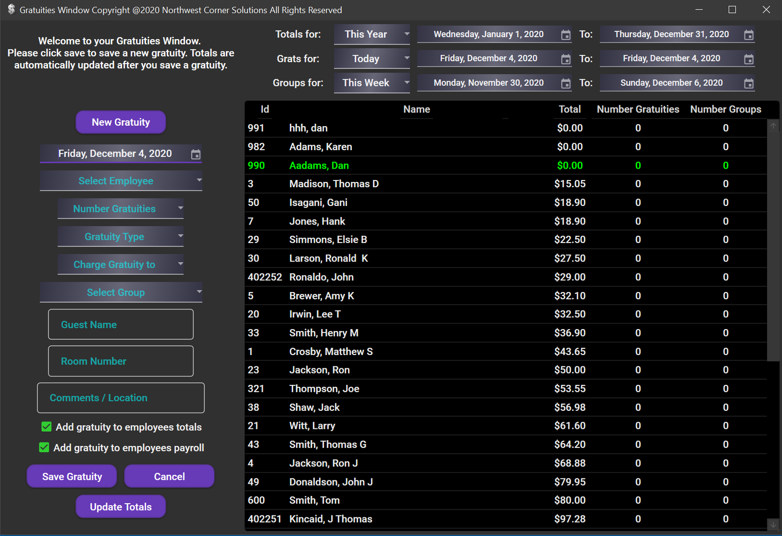 Gratuity Insight window