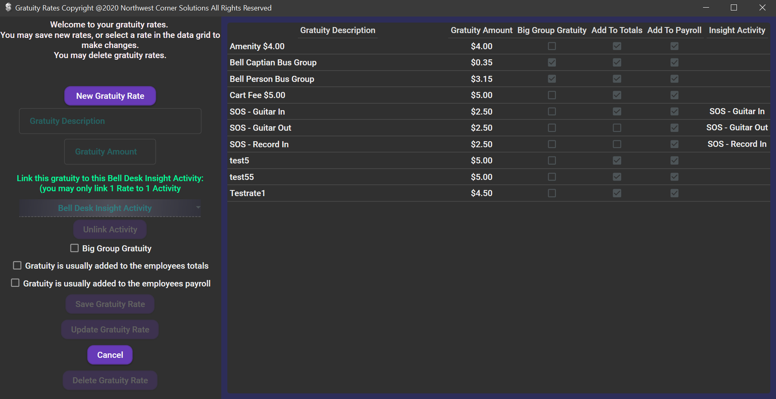 Gratuity rates window