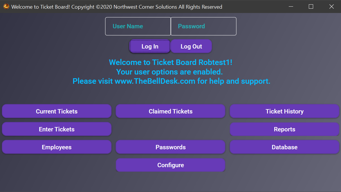 Ticket Board log in window