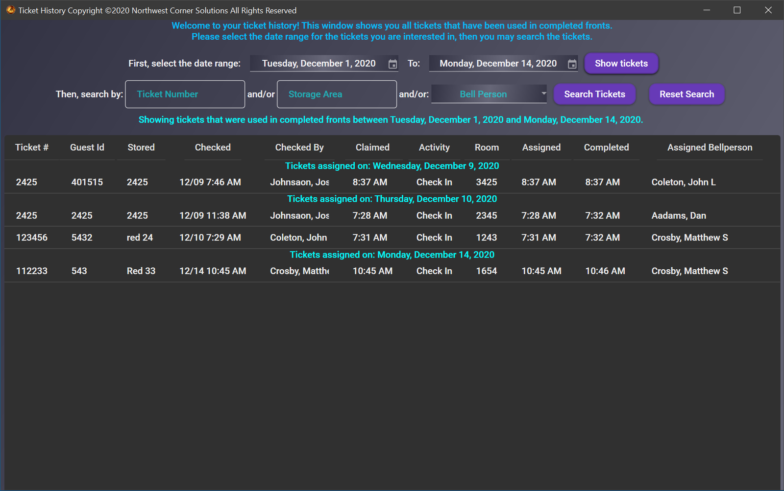 Ticket History window